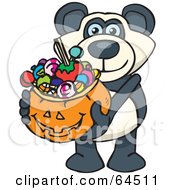 Poster, Art Print Of Trick Or Treating Giant Panda Holding A Pumpkin Basket Full Of Halloween Candy