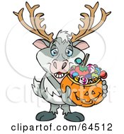 Poster, Art Print Of Trick Or Treating Reindeer Holding A Pumpkin Basket Full Of Halloween Candy