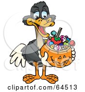 Poster, Art Print Of Trick Or Treating Ostrich Holding A Pumpkin Basket Full Of Halloween Candy