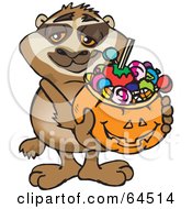 Poster, Art Print Of Trick Or Treating Sloth Holding A Pumpkin Basket Full Of Halloween Candy
