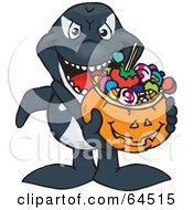 Poster, Art Print Of Trick Or Treating Orca Holding A Pumpkin Basket Full Of Halloween Candy