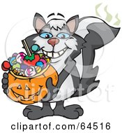 Trick Or Treating Skunk Holding A Pumpkin Basket Full Of Halloween Candy