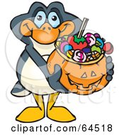 Poster, Art Print Of Trick Or Treating Penguin Holding A Pumpkin Basket Full Of Halloween Candy