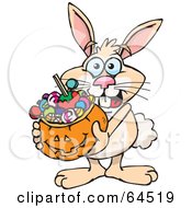 Poster, Art Print Of Trick Or Treating Rabbit Holding A Pumpkin Basket Full Of Halloween Candy