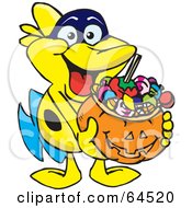 Poster, Art Print Of Trick Or Treating Marine Fish Holding A Pumpkin Basket Full Of Halloween Candy