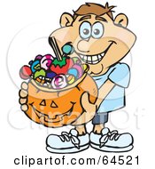 Poster, Art Print Of Trick Or Treating Man Holding A Pumpkin Basket Full Of Halloween Candy - Version 5