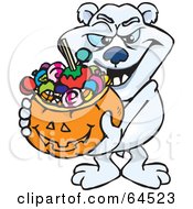 Poster, Art Print Of Trick Or Treating Polar Bear Holding A Pumpkin Basket Full Of Halloween Candy