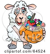 Poster, Art Print Of Trick Or Treating Sheep Holding A Pumpkin Basket Full Of Halloween Candy