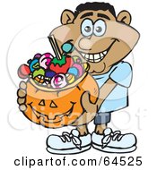 Poster, Art Print Of Trick Or Treating Man Holding A Pumpkin Basket Full Of Halloween Candy - Version 7