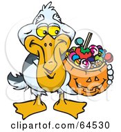 Poster, Art Print Of Trick Or Treating Pelican Holding A Pumpkin Basket Full Of Halloween Candy