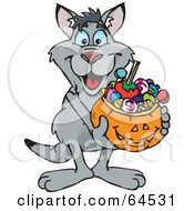 Poster, Art Print Of Trick Or Treating Kangaroo Holding A Pumpkin Basket Full Of Halloween Candy