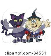 Poster, Art Print Of Black Cat And Witch Gesturing Peace Signs