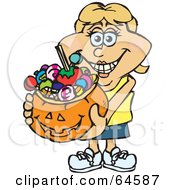 Poster, Art Print Of Trick Or Treating Woman Holding A Pumpkin Basket Full Of Halloween Candy - Version 5