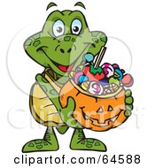 Poster, Art Print Of Trick Or Treating Sea Turtle Holding A Pumpkin Basket Full Of Halloween Candy