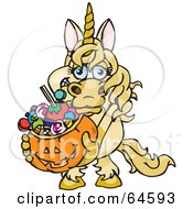 Poster, Art Print Of Trick Or Treating Unicorn Holding A Pumpkin Basket Full Of Halloween Candy