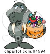 Poster, Art Print Of Trick Or Treating Walrus Holding A Pumpkin Basket Full Of Halloween Candy
