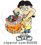 Poster, Art Print Of Trick Or Treating Woman Holding A Pumpkin Basket Full Of Halloween Candy - Version 7