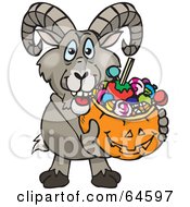 Poster, Art Print Of Trick Or Treating Wild Sheep Holding A Pumpkin Basket Full Of Halloween Candy