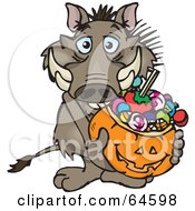 Poster, Art Print Of Trick Or Treating Warthog Holding A Pumpkin Basket Full Of Halloween Candy