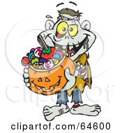 Trick Or Treating Zombie Holding A Pumpkin Basket Full Of Halloween Candy