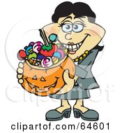 Poster, Art Print Of Trick Or Treating Woman Holding A Pumpkin Basket Full Of Halloween Candy - Version 3