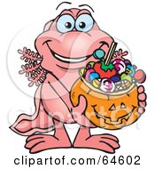Poster, Art Print Of Trick Or Treating Walking Fish Holding A Pumpkin Basket Full Of Halloween Candy