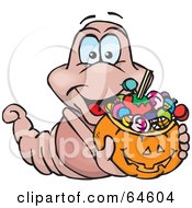 Poster, Art Print Of Trick Or Treating Worm Holding A Pumpkin Basket Full Of Halloween Candy