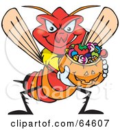 Poster, Art Print Of Trick Or Treating Wasp Holding A Pumpkin Basket Full Of Halloween Candy