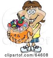 Poster, Art Print Of Trick Or Treating Woman Holding A Pumpkin Basket Full Of Halloween Candy - Version 8