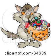 Poster, Art Print Of Trick Or Treating Wolf Holding A Pumpkin Basket Full Of Halloween Candy