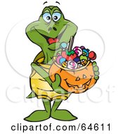 Poster, Art Print Of Trick Or Treating Turtle Holding A Pumpkin Basket Full Of Halloween Candy