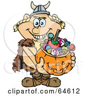 Poster, Art Print Of Trick Or Treating Viking Holding A Pumpkin Basket Full Of Halloween Candy