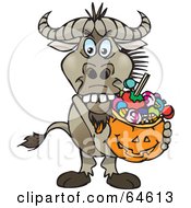 Poster, Art Print Of Trick Or Treating Wildebeest Holding A Pumpkin Basket Full Of Halloween Candy