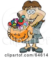 Poster, Art Print Of Trick Or Treating Woman Holding A Pumpkin Basket Full Of Halloween Candy - Version 4