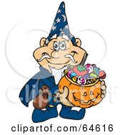Poster, Art Print Of Trick Or Treating Wizard Holding A Pumpkin Basket Full Of Halloween Candy