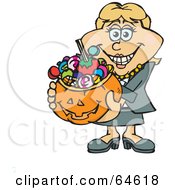 Poster, Art Print Of Trick Or Treating Woman Holding A Pumpkin Basket Full Of Halloween Candy - Version 1