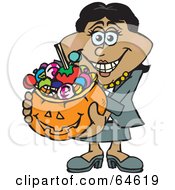 Poster, Art Print Of Trick Or Treating Woman Holding A Pumpkin Basket Full Of Halloween Candy - Version 2
