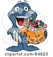 Poster, Art Print Of Trick Or Treating Whale Holding A Pumpkin Basket Full Of Halloween Candy