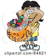 Poster, Art Print Of Trick Or Treating Woman Holding A Pumpkin Basket Full Of Halloween Candy - Version 6