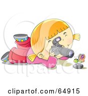 Royalty Free RF Clipart Illustration Of A Happy Blond Girl Photographing A Butterfly Over A Rock by YUHAIZAN YUNUS #COLLC64915-0081