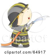 Royalty Free RF Clipart Illustration Of A Fireman In A Black Uniform Spraying Down A Fire With A Water Hose by YUHAIZAN YUNUS
