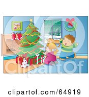 Poster, Art Print Of Excited Boy And Girl Ready To Open Their Christmas Presents On A Winter Day