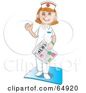 Royalty Free RF Clipart Illustration Of A Friendly Hospital Nurse Waving And Standing With A Newspaper by YUHAIZAN YUNUS #COLLC64920-0081
