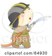 Royalty Free RF Clipart Illustration Of A Fireman In A Brown Uniform Spraying Down A Fire With A Water Hose