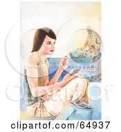 Royalty Free RF Clipart Illustration Of A Young Woman Sitting And Using A Handheld Device Thinking Of A Third World Country