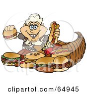 Poster, Art Print Of Thanksgiving Pilgrim Woman With Fast Food Spilling Form A Cornucopia