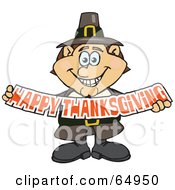 Poster, Art Print Of Male Pilgrim Smiling And Holding A Happy Thanksgiving Banner