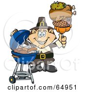 Male Pilgrim Holding Corn Chicken Ham And A Pumpkin On A Fork By A Bbq