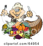 Royalty Free RF Clipart Illustration Of A Thanksgiving Pilgrim Woman With Silverware Standing Over A Cornucopia