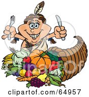 Royalty Free RF Clipart Illustration Of A Thanksgiving Native American Woman With Silverware Standing Over A Cornucopia by Dennis Holmes Designs
